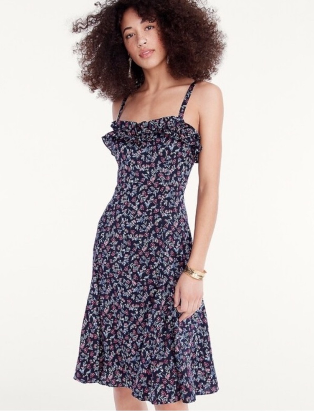 J. Crew NWTs Wisp Stretch Silk Floral Sundress Ruffle Neckline Navy Pink size 14